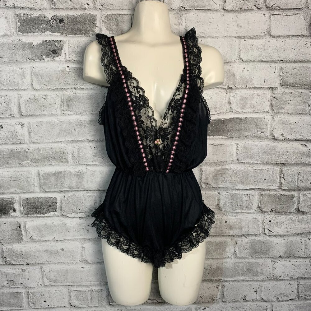 Vintage Dominique Black Satin Lace Teddy Romper Lightweight Lingerie Bodysuit